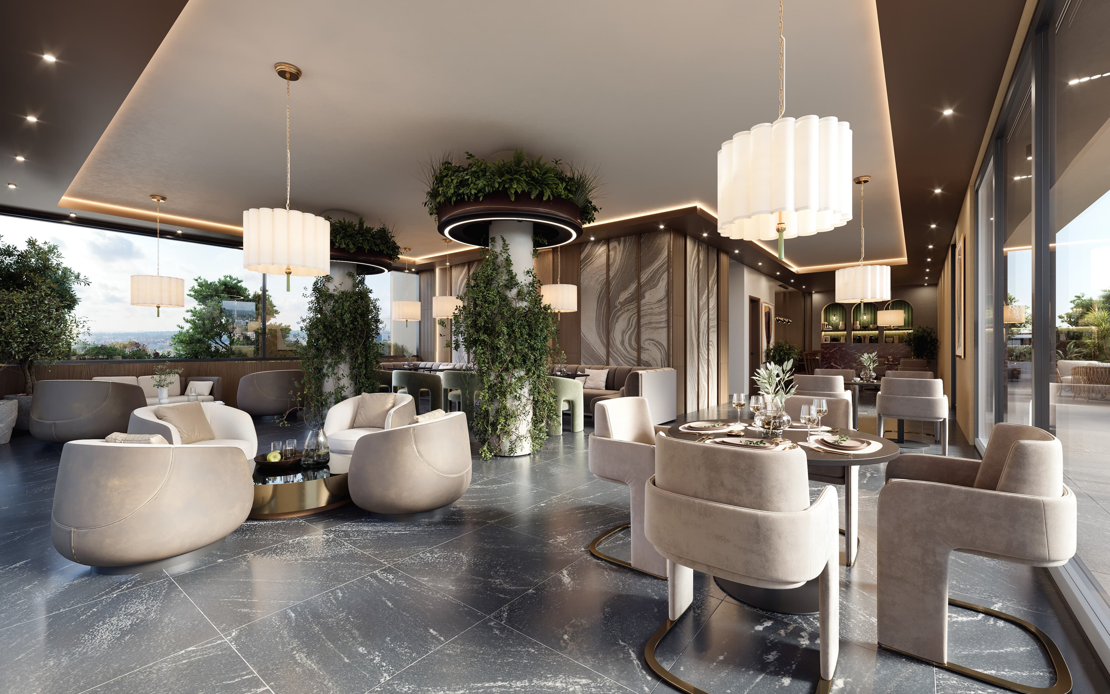 Zenwood amenities — luxurious lounge, dining and common areas with natural light and greenery